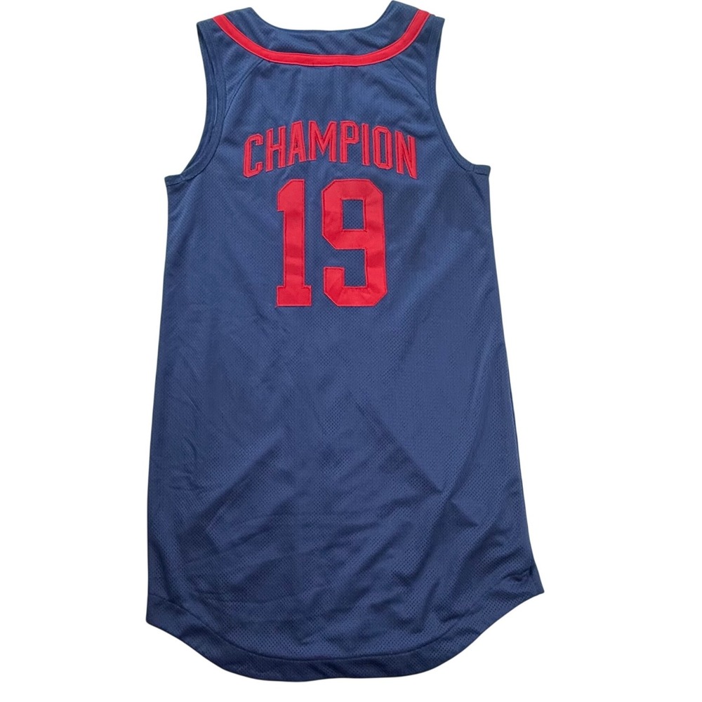 Champion Mesh Baseball Jersey Dress Navy Blue Red Sleeveless Button Front Medium